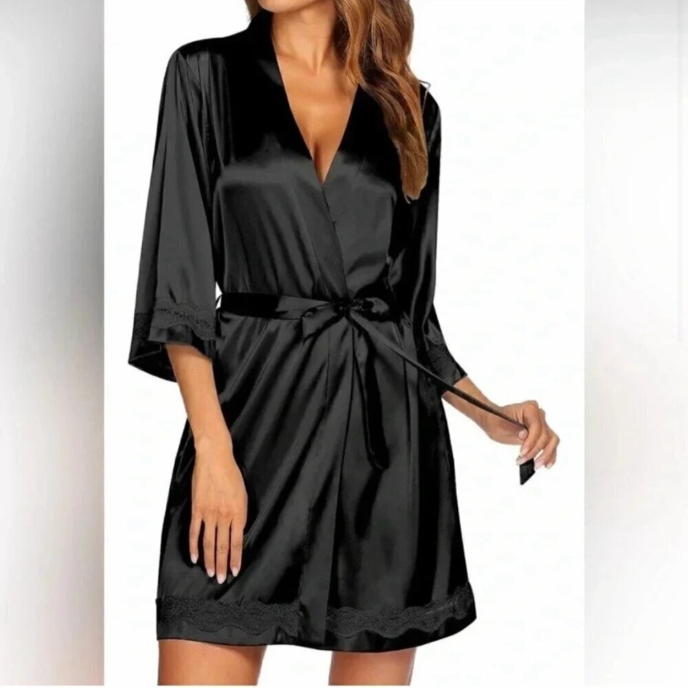 Ekouaer SZ XXL Black silky wrap robe Spa Cozy Soft Gift Sexy Essential